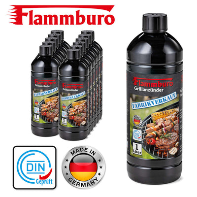 Grillanzünder Flüssiganzünder FLAMMBURO 1000 ml 12 Flaschen 12 Liter mit DIN und Made in Germany Logo