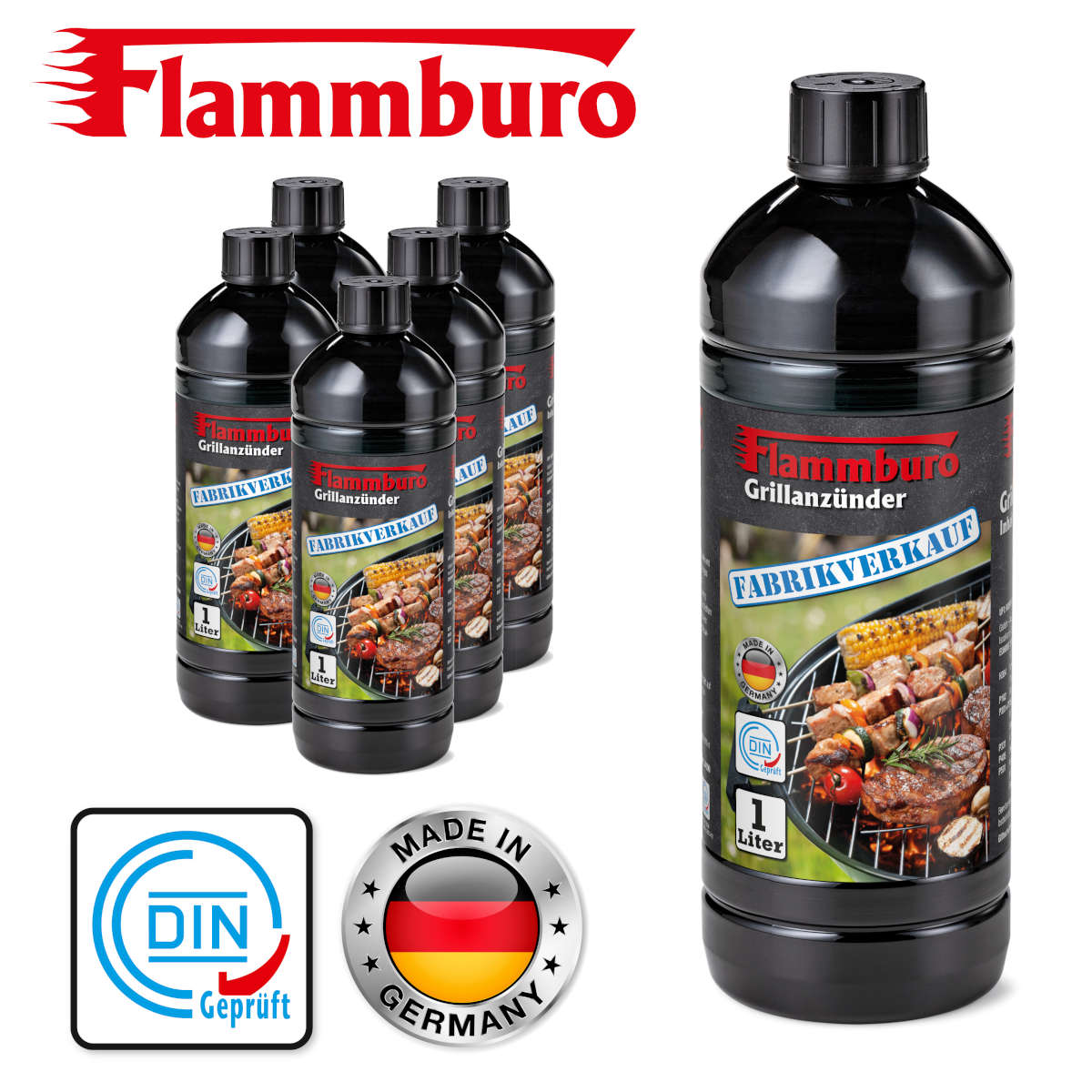 Grillanzünder Flüssiganzünder FLAMMBURO 1000 ml 6 Flaschen 6 Liter mit DIN und Made in Germany Logo