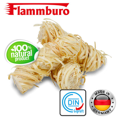 FLAMMBURO Anzündwolle Kaminanzünder Grillanzünder Öko-Anzünder Feuerbällchen Zündwolli DIN und Made in Germany Logo