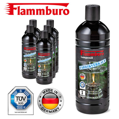 6 Flaschen 6 Liter Lampenöl FLAMMBURO 1000 ml Made in Germany und TÜV SÜD Logo