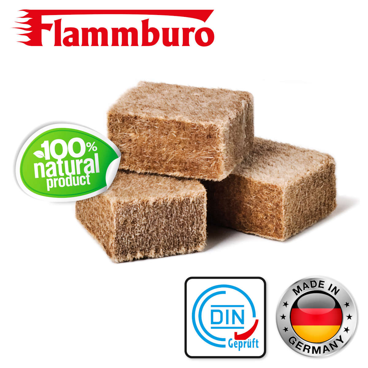 FLAMMBURO Anzündwürfel Kaminanzünder Grillanzünder Öko-Anzünder DIN und Made in Germany Logo 