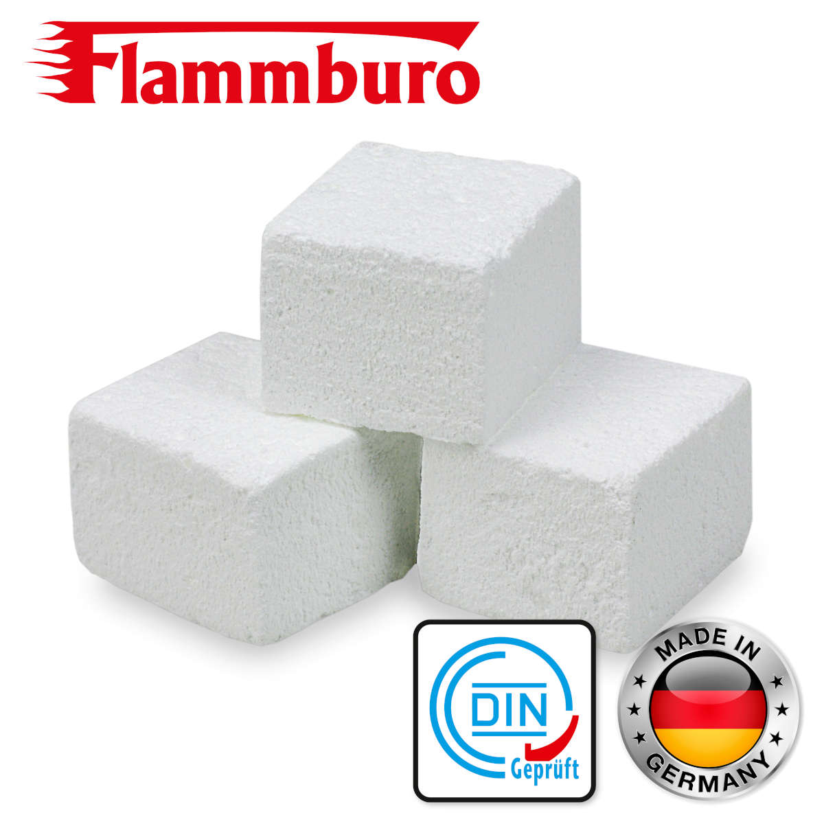 Kohleanzünder Grillanzünder Kaminanzünder Anzündwürfel Paraffinanzünder FLAMMBURO DIN und Made in Germany Logo
